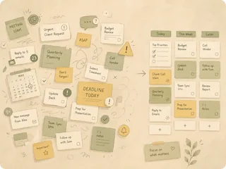 A desk covered in notes, and beside it the same notes sorted into a short list.