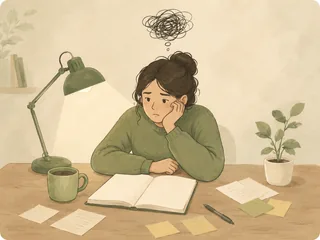 A person at a desk under a lamp, notebook open, thinking.