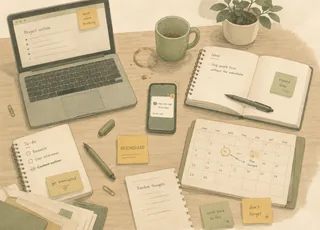 A desk with a laptop, a phone, a notebook and a calendar.